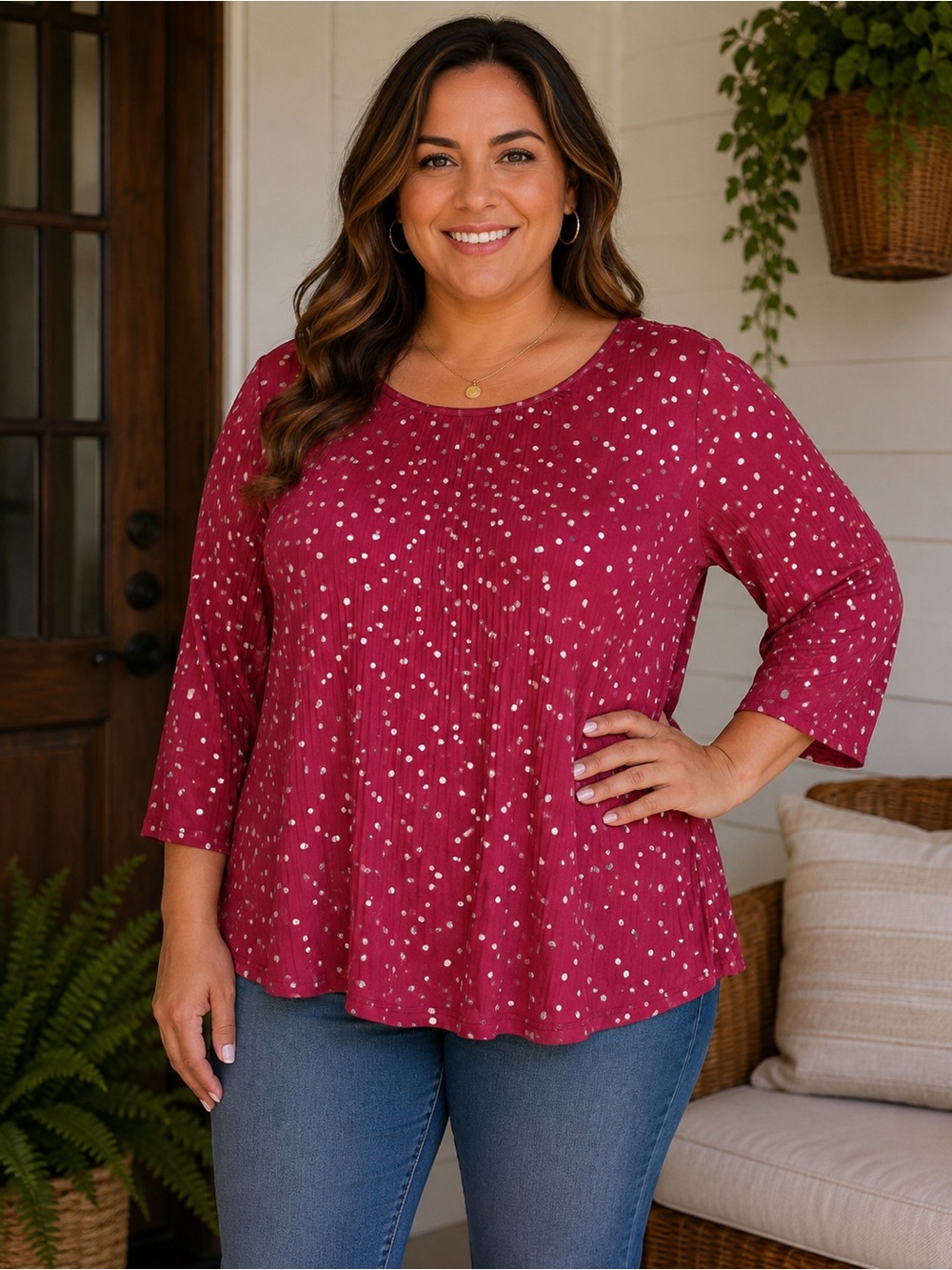 Fyve Metallic Silver Foil Dot Accordion Pleat Blouse Red XL